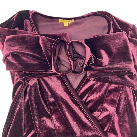 Shinestar Gold Velvet Long Sleeve V Neck Faux Wrap Dress Plum Hi Low Hem Size M - Picture 7 of 14